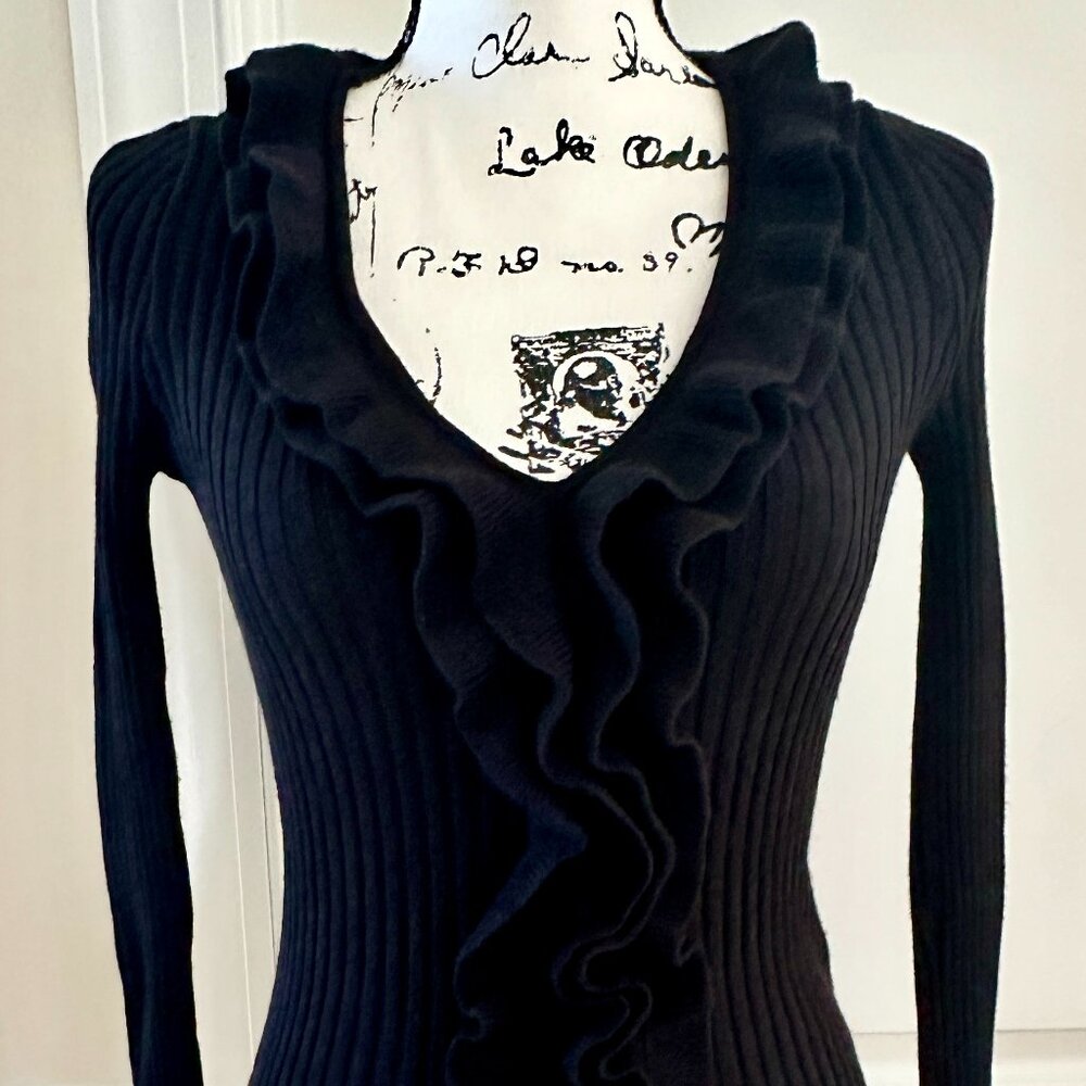 Black Ribbed Sweater with Ruffled Neckline